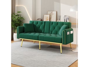 Canapé 2 places, transformable en lit, avec porte-gobelets, en velours, coloris vert, l175 x p80 x h73,5 cm, pour salon et chambre
