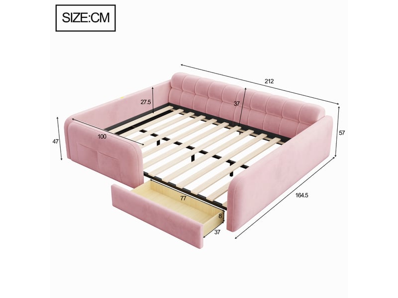  Lit enfant rembourré - 140x200 cm - barrières de sécurité - tiroirs de rangement - éclairage led - prise de charge - velours - rose CozyNest - Conforama D