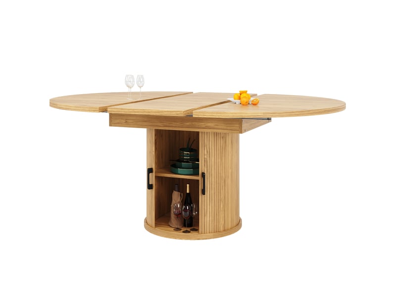Table à manger extensible ronde 118-158x118 cm – naturel – rangement intégré et plateau ovale jusqu’à 6 personnes - Conforama A