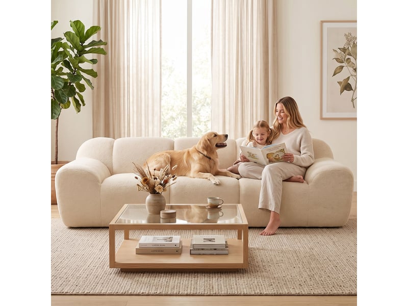  Canapé design arrondi 3 places larges accoudoirs tissu chenille beige  - Conforama D