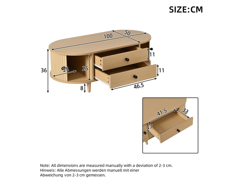  Table basse 100x50x36 cm avec 2 tiroirs et portes à rideau mdf bois clair  - Conforama E