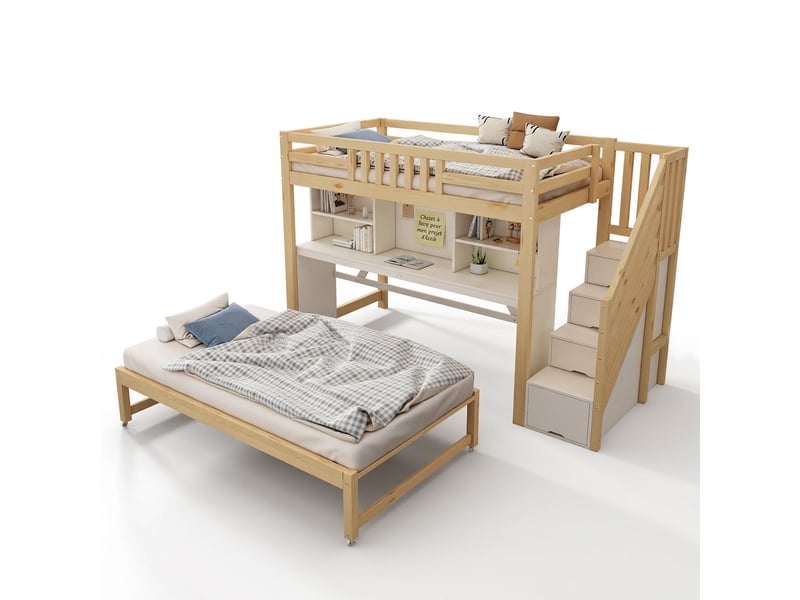  Lit superposé avec bureau 90x200 et lit gigogne à roulettes 90x190 escalier rangement bois blanc chêne  - Conforama A
