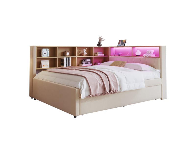  Lit gigogne 140x200 et 90x190 cm, avec rangements et led, ports usb et type-c, en tissu, beige, sans matelas  - Conforama A