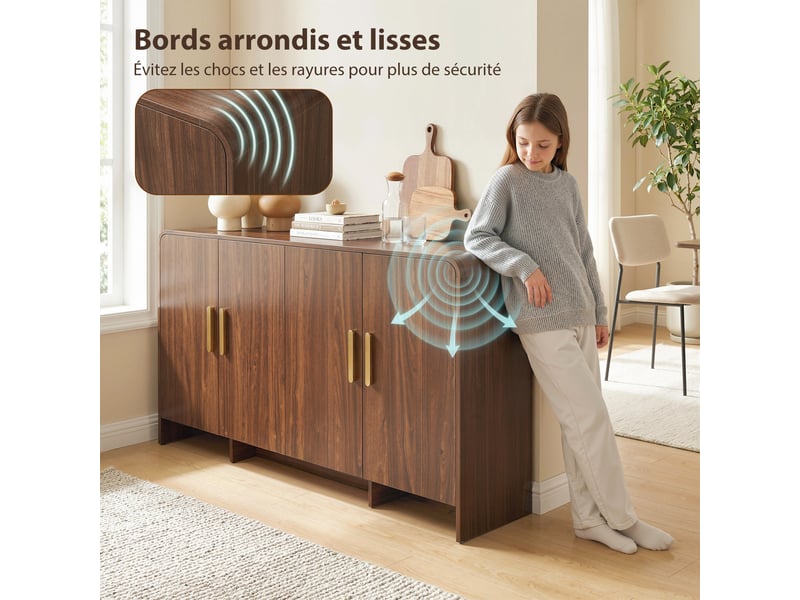  Buffet cuisine, meuble de rangement avec 4 portes à fermeture douce, 4 compartiments et bords arrondis, noyer, 152x40x80cm  - Conforama A