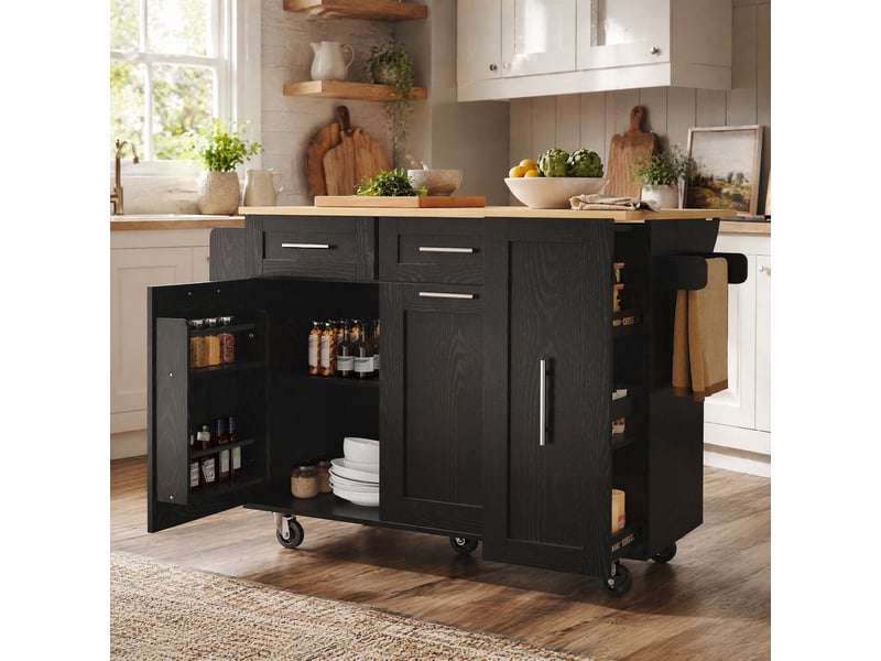 Desserte de cuisine noire 110 x 46 x 90,5 cm avec plateau pliant et roulettes - Conforama B