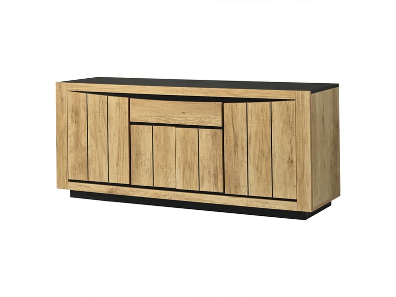  Buffet 140 cm avec 4 portes et 1 tiroir, meuble de rangement en mdf noir et effet bois pour salon et salle à manger  - Conforama A