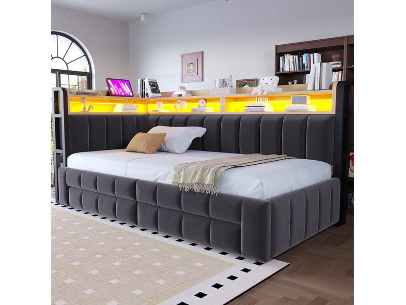  Canapé-lit gigogne extensible 90x200+180x200 cm avec rangement, led, usb et usb-c, mdf, métal, gris foncé, sans matelas  - Conforama E