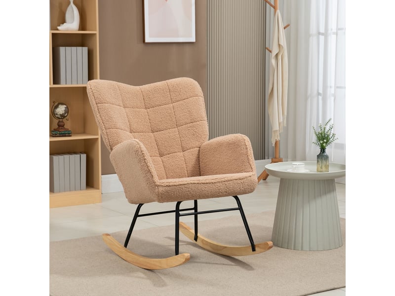  Fauteuil à bascule rembourré en bois et acier avec revêtement en bouclé, 71 x 98 x 101 cm, marron  - Conforama C
