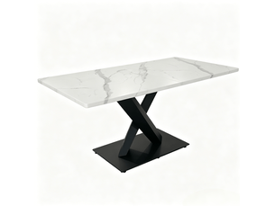 Table à manger 6 places style ferme en mdf et métal blanc et noir
