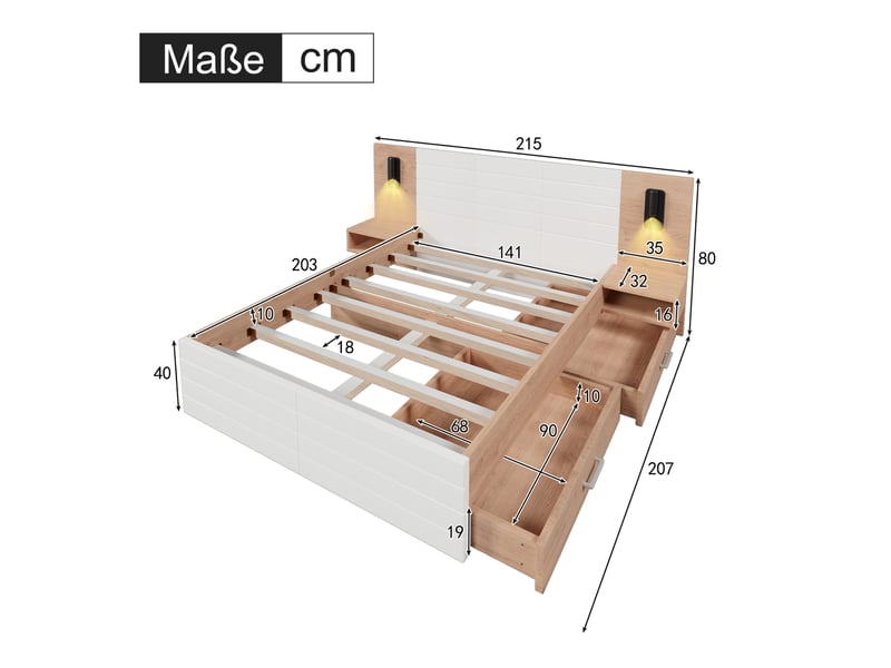 Lit double 140 x 200 cm avec matelas, 2 tiroirs et éclairage usb blanc et chêne clair - Conforama C