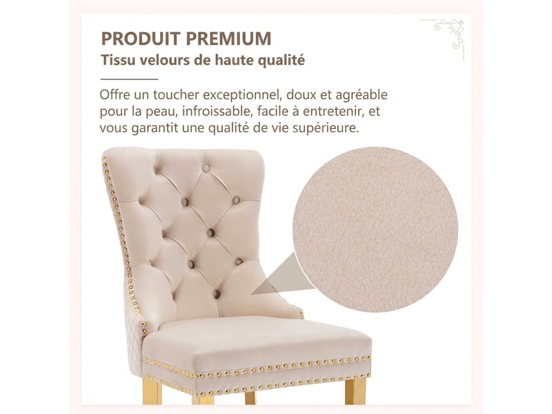 Lot de 4 chaises de salle à manger en velours beige avec pieds en acier inoxydable doré et anneau au dos - Conforama R