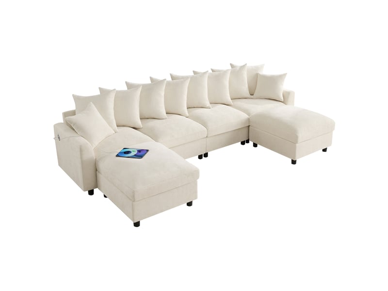  Canapé d'angle modulaire 6 places avec 2 poufs, ports usb et type-c, coussins amovibles en chenille beige  - Conforama A