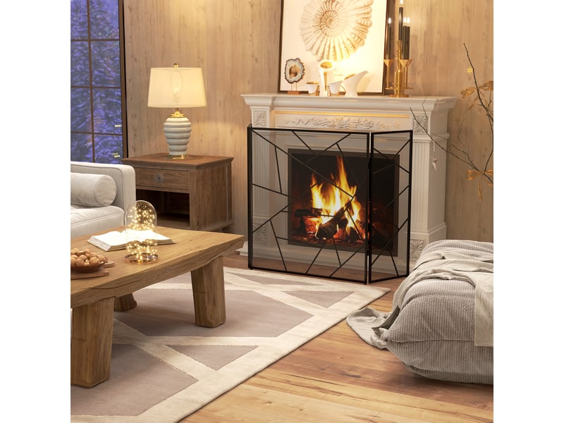  Pare feu cheminée pliable 3 panneaux en acier avec décor géométrique et pieds antidérapants, 135l x 1,2p x 85h cm, noir  - Conforama C