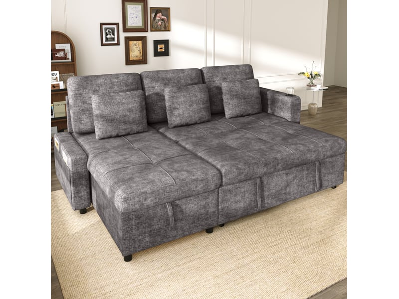  Canapé convertible modenvie 3 places avec méridienne et coffre en chenille gris 201,3 x 126,1 x 86,1 cm  - Conforama D