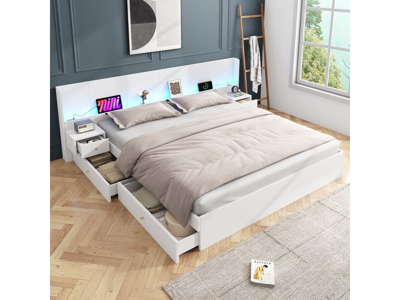  Lit double 180x200 avec led et port usb - blanc avec tiroirs de rangement et 2 chevets  - Conforama D