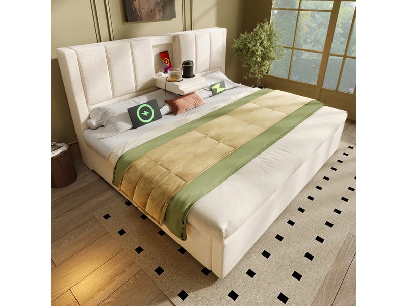 Lit coffre 2 places 160x200 cm, sans matelas, lin beige, espace de rangements, porte-gobelet, style moderne, type-c, doté de port usb - Conforama E