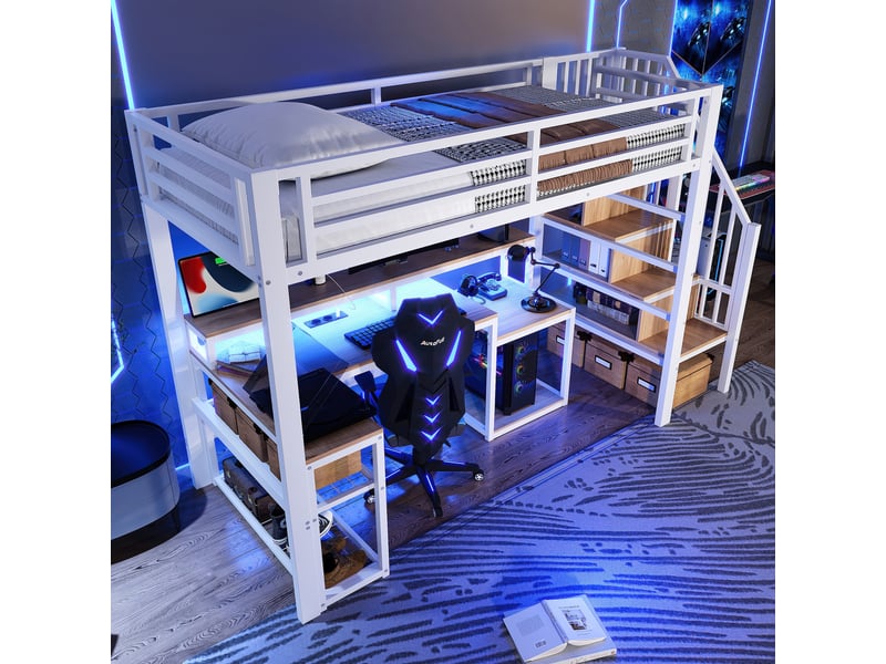  Lit mezzanine 90x200 cm avec bureau, rangements et led pilotable par application, cadre métal et mdf, blanc, sans matelas  - Conforama W