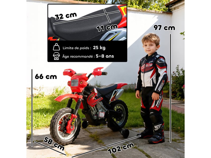  Moto cross électrique enfant 3 à 6 ans 6 v phares klaxon musiques 102 x 58 x 66 cm rouge et noir  - Conforama E