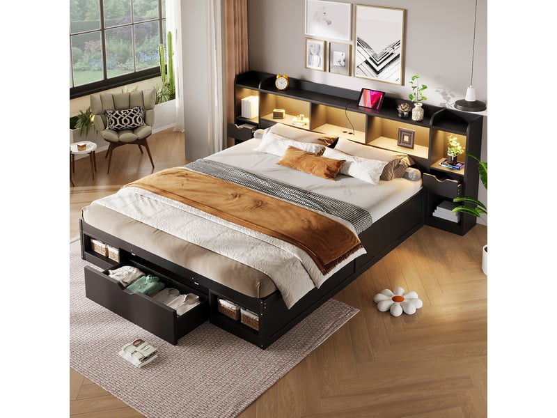 Lit plateforme noir 180 x 200 cm avec tête et pied de lit intégrant du rangement, 3 tiroirs, plusieurs compartiments, bandeau led et port usb - Conforama D