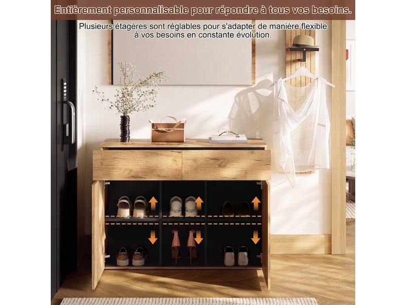  Vestiaire d'entrée aspect bois et noir avec miroir, meuble de couloir, 125x35x178 cm  - Conforama D