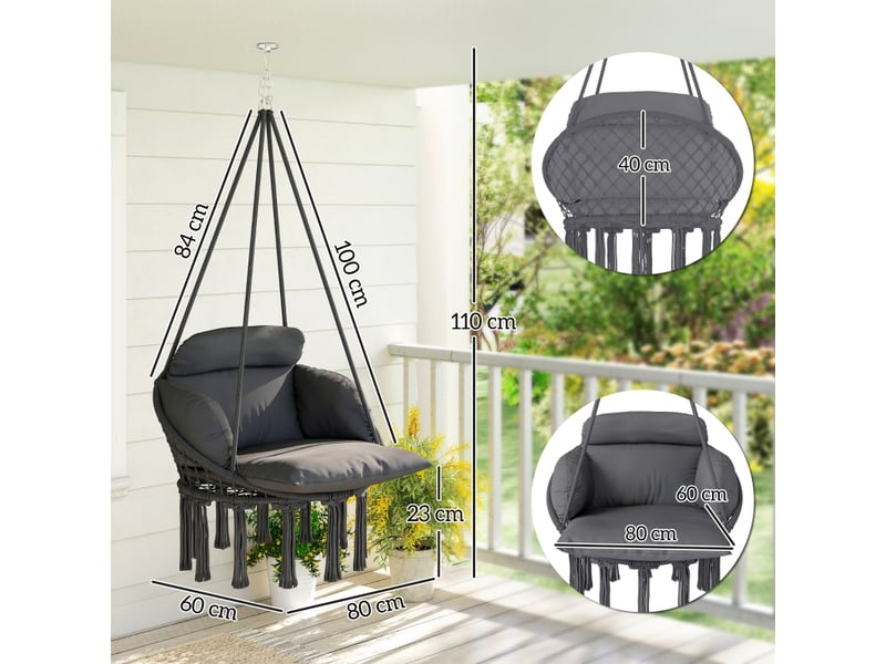  Chaise suspendue avec grand coussin rembourré hamac fauteuil suspendu à franges kit de suspension 80 x 60 x 40 cm gris foncé  - Conforama C
