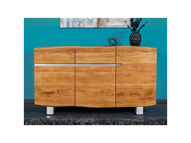 Buffet arkaya 135 cm en bois massif d'acacia verni – 3 portes, 2 tiroirs et pieds acier - Conforama E