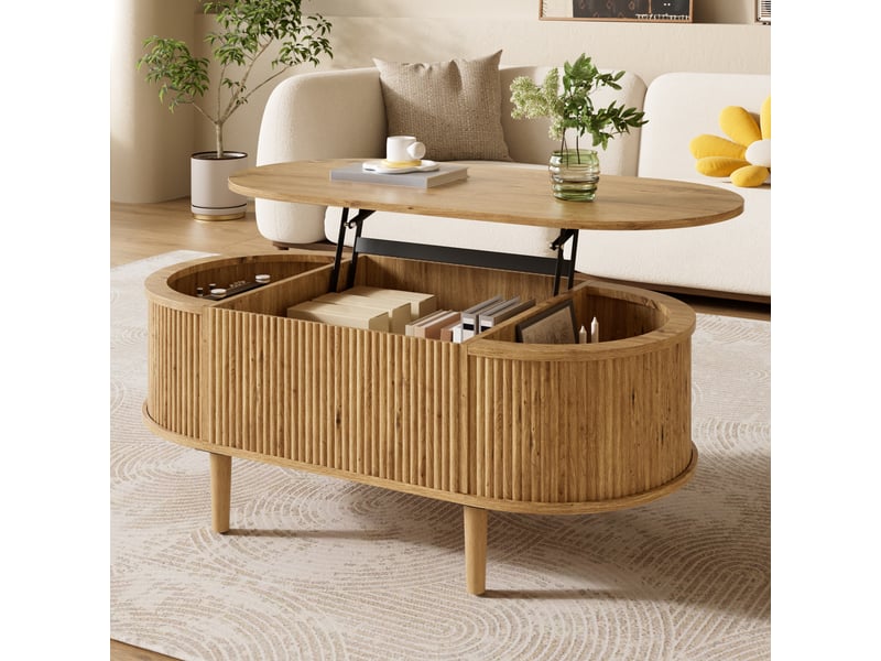 Table basse ovale, 100x48x54,5 cm, relevable, mdf, coloris chêne - Conforama B