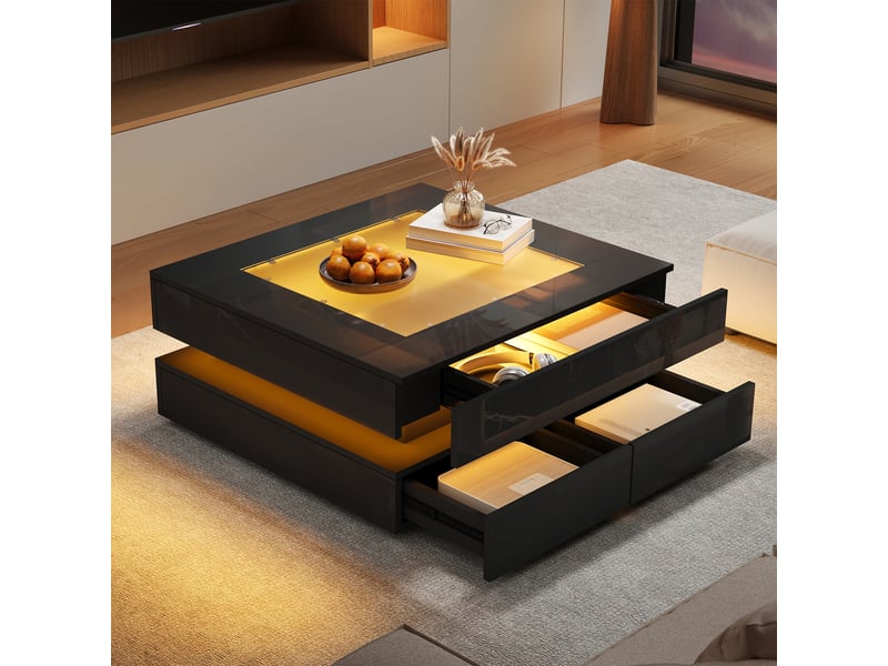  Table basse carrée avec led et 3 tiroirs 70x70 cm plateau en verre trempé et bois noir brillant  - Conforama B
