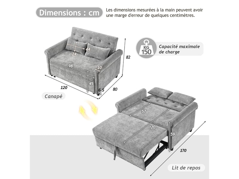  Canapé convertible 2 places gris, canapé multifonction 3 en 1 en tissu chenille avec dossier inclinable et lit d'appoint, 120x80x82cm  - Conforama B