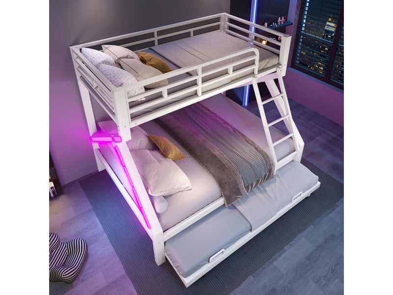 Lit superposé 4 places 90 x 200 + 140 x 200 cm avec lit gigogne 90 x 190 cm, led, barrière et échelle, en métal et mdf blanc - Conforama D