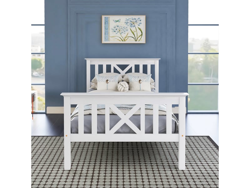  Lit simple 90 × 200 cm avec rangement sous lit, tête de lit en x, sans matelas, en bois massif, blanc  - Conforama C