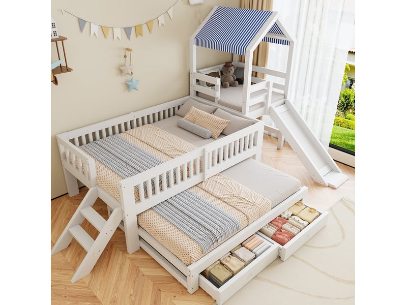  Lit enfant 90 x 200 cm avec lit gigogne 90 x 190 cm, toboggan, escalier latéral, tiroirs et toit en tissu, blanc  - Conforama C