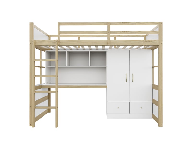  Lit mezzanine 90 x 200 cm avec échelle, bureau avec rangements, armoire et tiroirs, lit enfant, lit junior, lit simple, coloris bois  - Conforama D