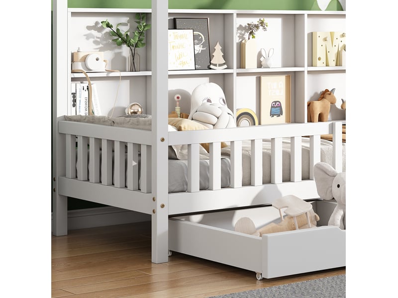 Lit enfant maison 90x200 cm bibliothèque, barrières, 2 tiroirs, sommier 15 lattes en pin, blanc sans matelas  - Conforama E