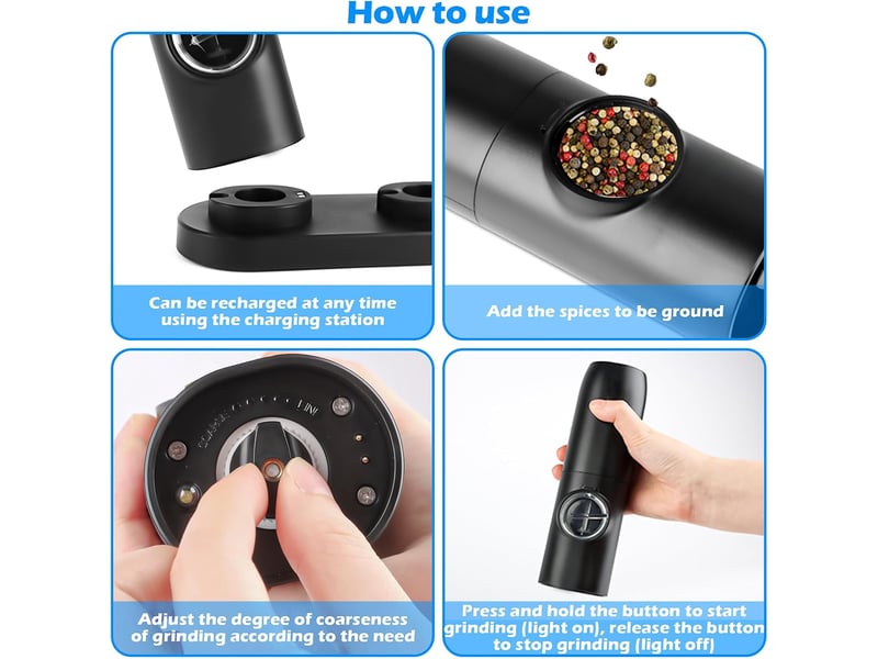 Ensemble de 2 moulins à sel et poivre électriques avec base rechargeable, broyeur à épices avec double station de charge, brosse, lumière led blanche  - Conforama E