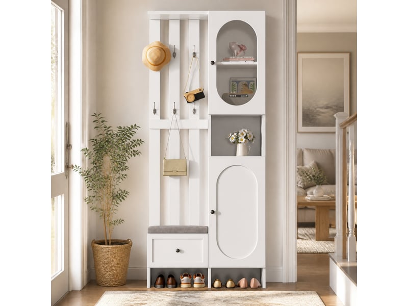  Meuble d'entrée avec 2 armoires, tiroir, 10 rangements, 6 crochets et banc à chaussures blanc, 85 × 33,5 × 200 cm  - Conforama B