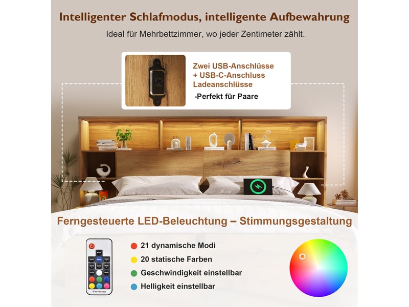 Lit double 160x200 cm avec éclairage led et port usb-c, lit coffre avec tables de chevet intégrées, matelas inclus, aspect chêne - Conforama E