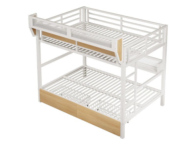  Lit superposé 140x200 cm avec led, 2 tiroirs, étagère et panier de rangement, structure métal, blanc  - Conforama A