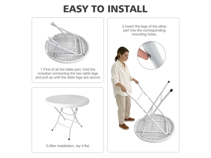  Table à manger ronde format cocktail table repas pliante installation facile usage extérieur et intérieur charge maximale 136 kg finition blanche  - Conforama E