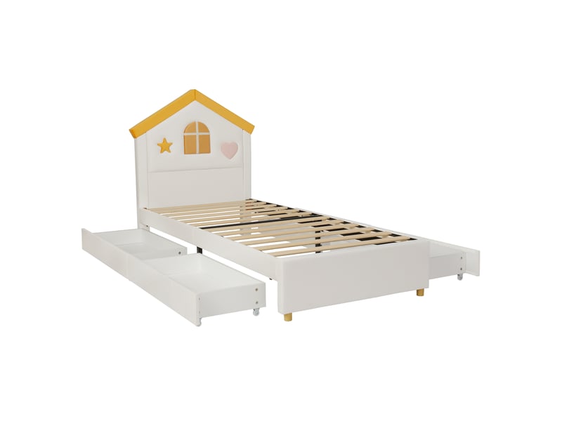  Lit enfant 90x200 cm, lit cabane capitonné beige, lit enfant avec 4 tiroirs, lit coffre pour chambre d'enfant, lit junior en velours français, lit capitonné avec tête de lit cabane  - Conforama E