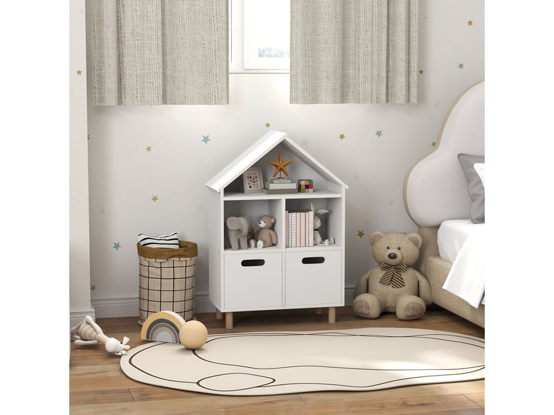  Bibliothèque enfants meuble de rangement enfants 3 niveaux avec deux tiroirs forme de maison 63,7 x 29,7 x 89 cm blanc  - Conforama C