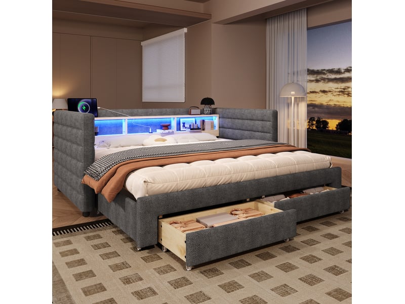 Lit enfant gigogne 90x190 cm avec led, 2 tiroirs, style minimaliste, ports usb type-c velours gris sans matelas - Conforama R