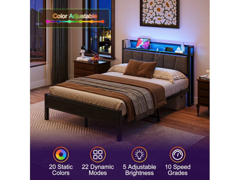 Lit adulte 140 × 190 cm 2 places avec led, usb, tête de lit avec rangement et prise, sans matelas, métal noir - Conforama E