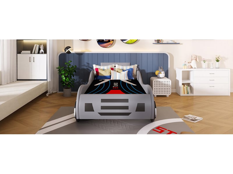  Lit enfant simple 90×200 cm coffre hydraulique forme voiture  - sans matelas, mdf et pu - gris  - Conforama E
