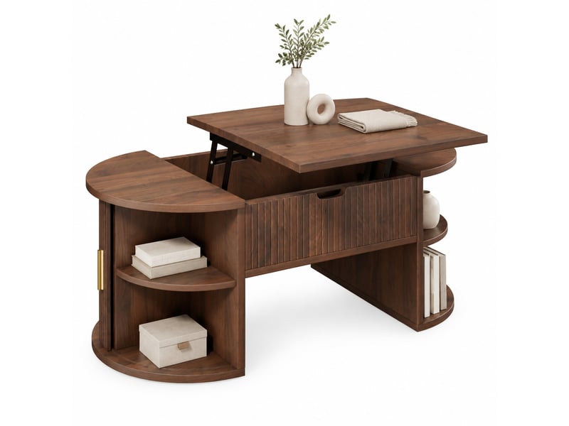 Table basse ovale à plateau relevable avec rangement - lpospi - portes coulissantes, mdf noyer, 100 × 50 × 40,5 cm - Conforama A