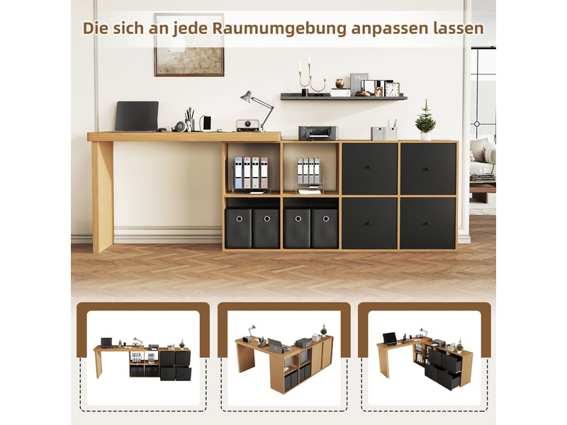 Bureau d'angle pivotant 360 en l, bureau informatique modulable avec 4 tiroirs et compartiments, plateau renforcé de 4 cm, noir et chêne  - Conforama R