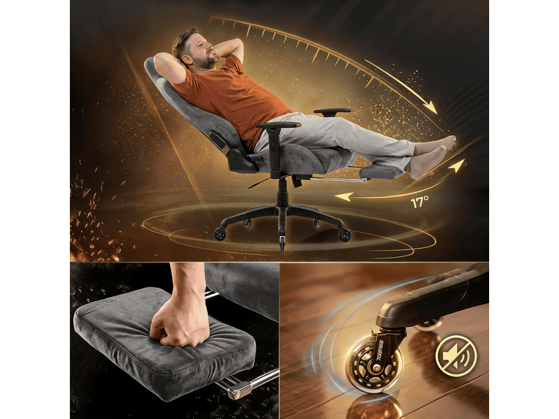  Fauteuil gaming – coussin lombaire massant – revêtement en microfibre – repose-pieds – dossier inclinable jusqu’à 160° – gris  - Conforama B