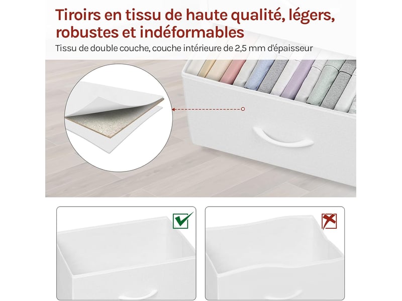  Commode 4 tiroirs, meuble de rangement à tiroirs en tissu, dessus en bois d'ingénierie e1,blanc  - Conforama E