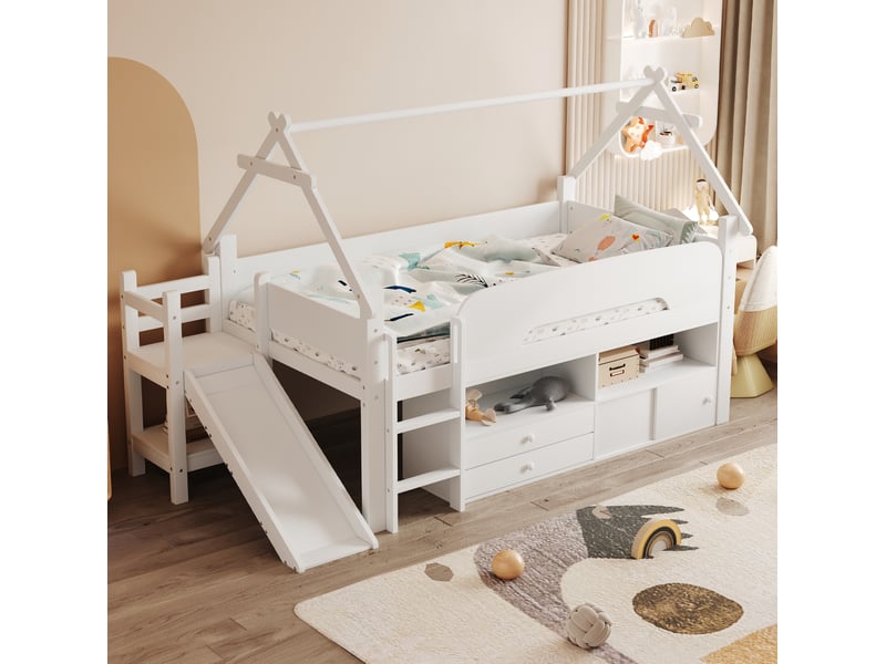 Lit surélevé 90x200 cm, avec toboggan et rangements, en bois, blanc et gris, sans matelas - Conforama B