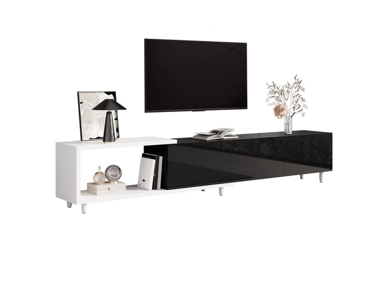  Meuble tv extensible ulevr avec rangement, 258 x 38 x 48,5 cm, 3 portes brillantes, mdf et panneaux de particules noir et blanc  - Conforama A